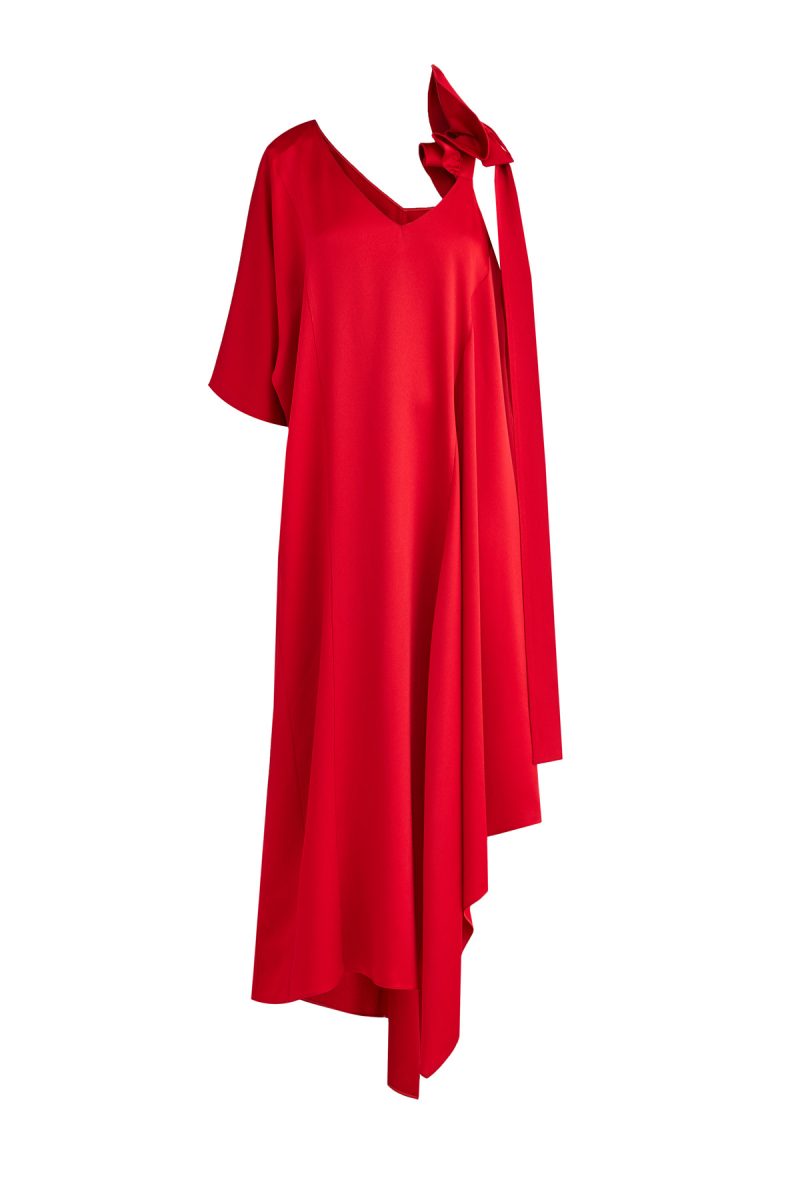 Асимметричное свободное платье из тисненого атласа алого цвета VALENTINO pb0vd7m53h3 br1