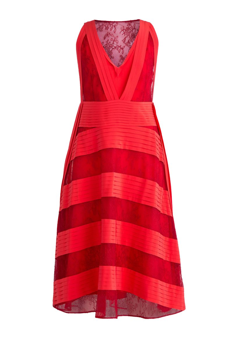 Платье А-силуэта из шелка кади алого оттенка с кружевными вставками VALENTINO pb3vagt03pw yc5