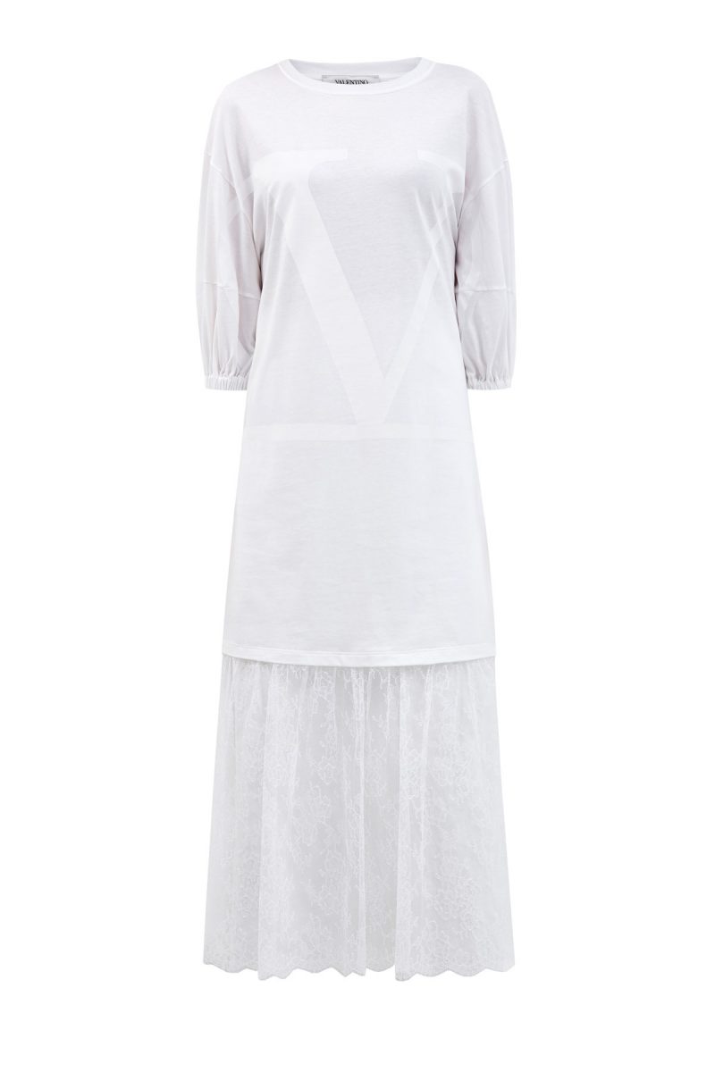 Платье-футболка с кружевным подолом и принтом VLOGO в тон VALENTINO tb0mj01w5jc 0bo